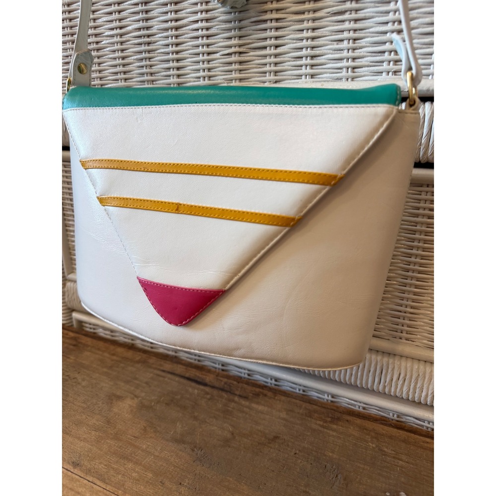 Vintage White Leather Colorblock Crossbody Bag Teal Yellow Pink Geometric 80s